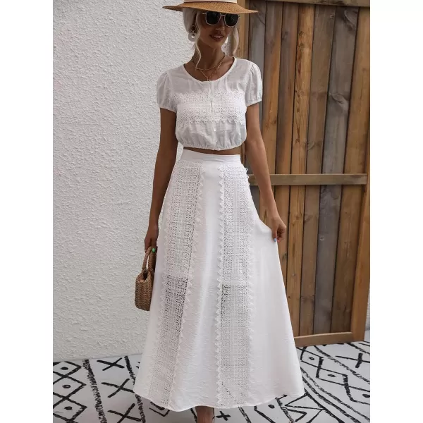 imagechouyatou Womens Summer 2 Piece Outfits Vacation Beach Lace Short Sleeve Crop Top Maxi Skirt SetsWhite