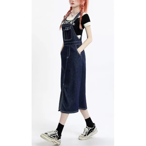 imagechouyatou Womens Summer Adjustable Strap Denim Overalls Dress Casual ALine Jean Overall SkirtDark Blue