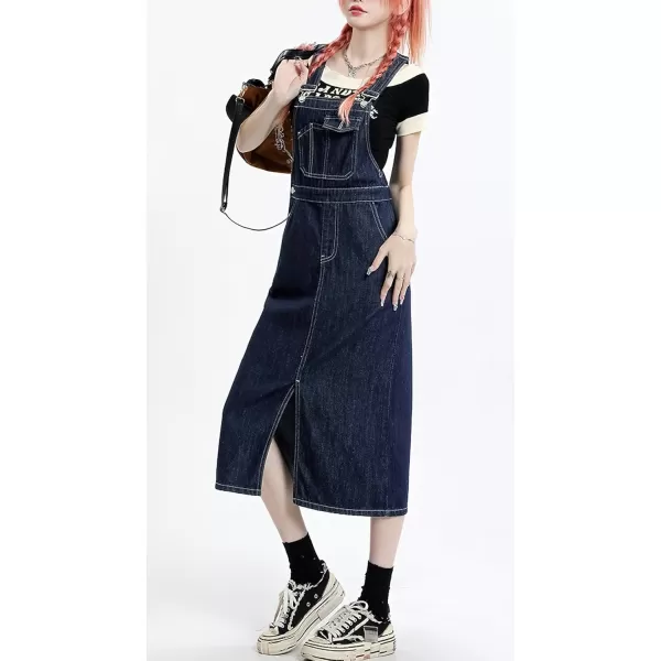 imagechouyatou Womens Summer Adjustable Strap Denim Overalls Dress Casual ALine Jean Overall SkirtDark Blue
