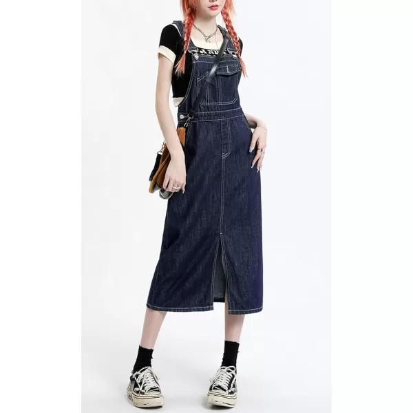 imagechouyatou Womens Summer Adjustable Strap Denim Overalls Dress Casual ALine Jean Overall SkirtDark Blue