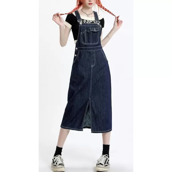 imagechouyatou Womens Summer Adjustable Strap Denim Overalls Dress Casual ALine Jean Overall SkirtDark Blue