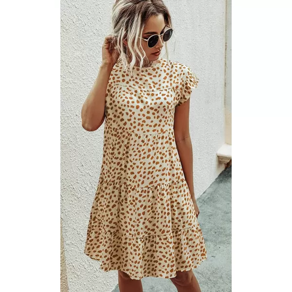 imagechouyatou Womens Summer Babydoll Loose Short Sleeve Floral Printed Boho Flared Tiered Sun DressBeige
