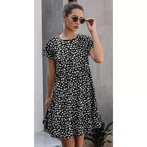 imagechouyatou Womens Summer Babydoll Loose Short Sleeve Floral Printed Boho Flared Tiered Sun DressBlack