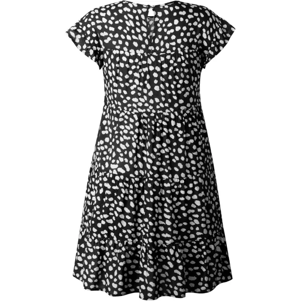 imagechouyatou Womens Summer Babydoll Loose Short Sleeve Floral Printed Boho Flared Tiered Sun DressBlack