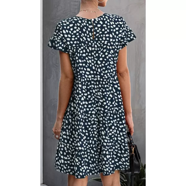imagechouyatou Womens Summer Babydoll Loose Short Sleeve Floral Printed Boho Flared Tiered Sun DressNavy Blue