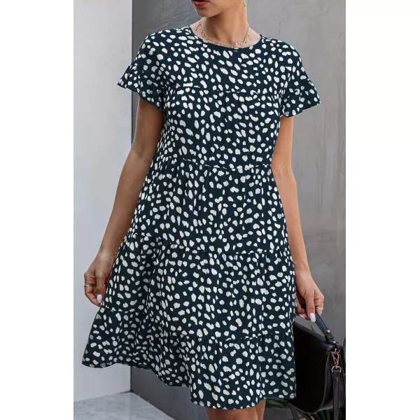 imagechouyatou Womens Summer Babydoll Loose Short Sleeve Floral Printed Boho Flared Tiered Sun DressNavy Blue