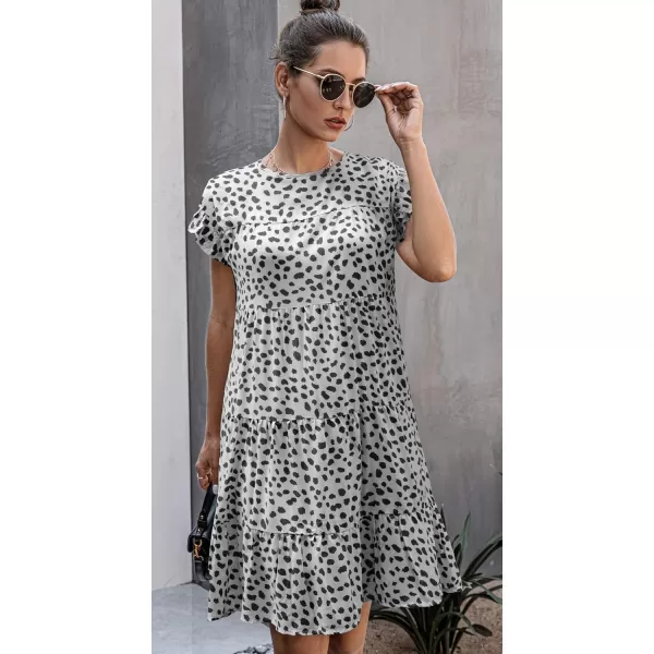 imagechouyatou Womens Summer Babydoll Loose Short Sleeve Floral Printed Boho Flared Tiered Sun DressWhite