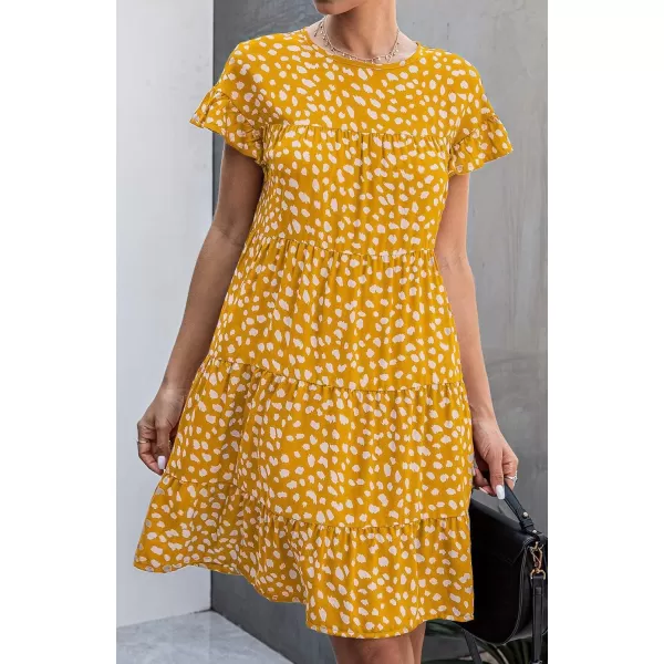 imagechouyatou Womens Summer Babydoll Loose Short Sleeve Floral Printed Boho Flared Tiered Sun DressYellow