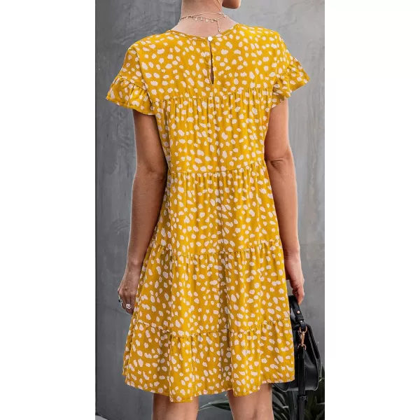 imagechouyatou Womens Summer Babydoll Loose Short Sleeve Floral Printed Boho Flared Tiered Sun DressYellow