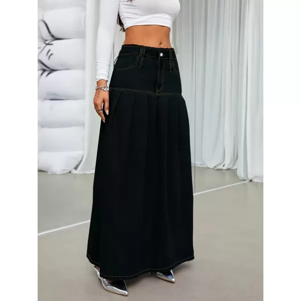 imagechouyatou Womens Summer Casual Flared High Waist Long Jean Skirt Pleated ALine Maxi Denim SkirtBlack