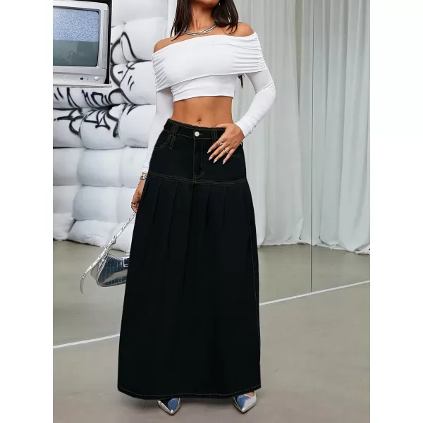 imagechouyatou Womens Summer Casual Flared High Waist Long Jean Skirt Pleated ALine Maxi Denim SkirtBlack