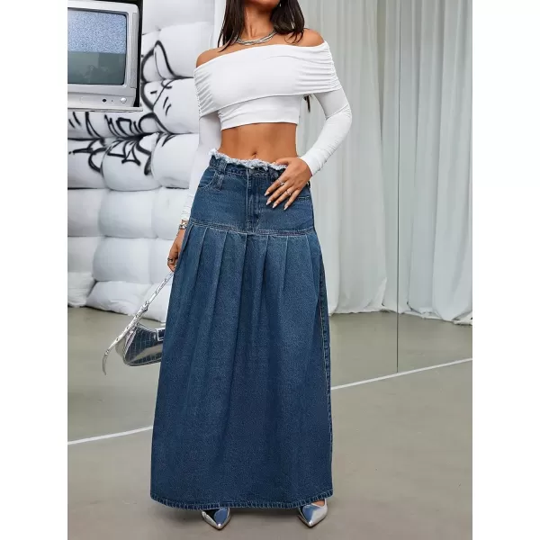 imagechouyatou Womens Summer Casual Flared High Waist Long Jean Skirt Pleated ALine Maxi Denim SkirtDark Blue