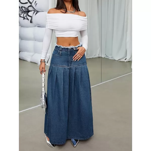imagechouyatou Womens Summer Casual Flared High Waist Long Jean Skirt Pleated ALine Maxi Denim SkirtDark Blue