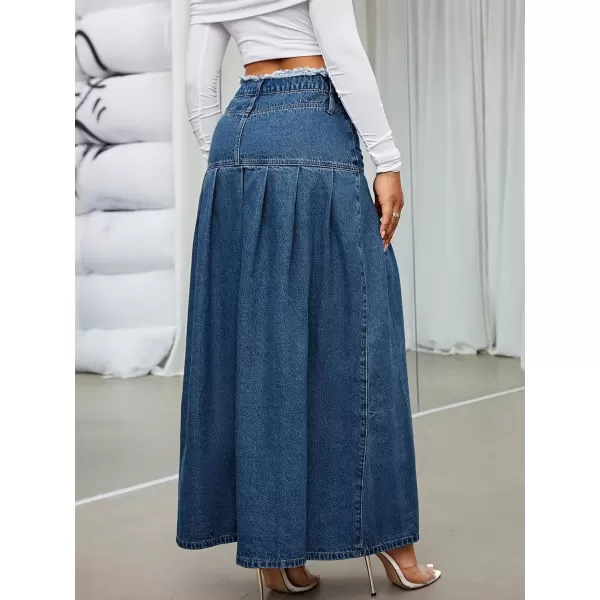 imagechouyatou Womens Summer Casual Flared High Waist Long Jean Skirt Pleated ALine Maxi Denim SkirtDark Blue