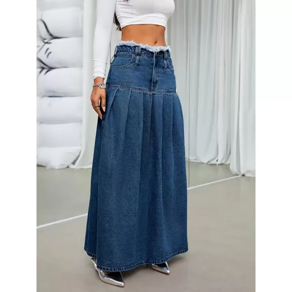 imagechouyatou Womens Summer Casual Flared High Waist Long Jean Skirt Pleated ALine Maxi Denim SkirtDark Blue