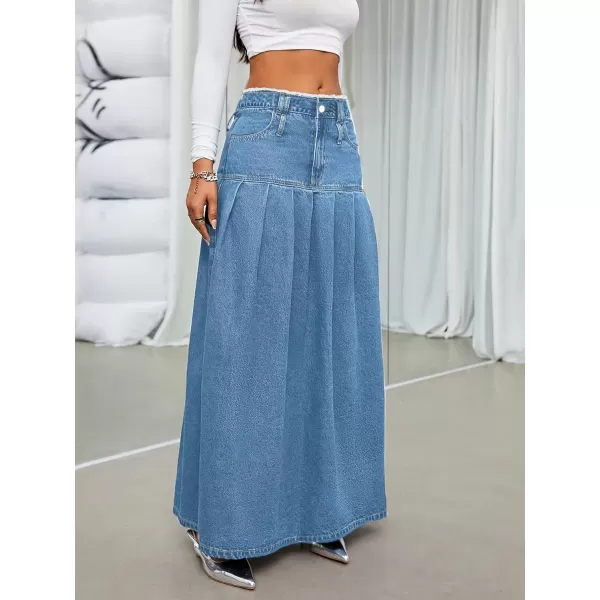 imagechouyatou Womens Summer Casual Flared High Waist Long Jean Skirt Pleated ALine Maxi Denim SkirtLight Blue