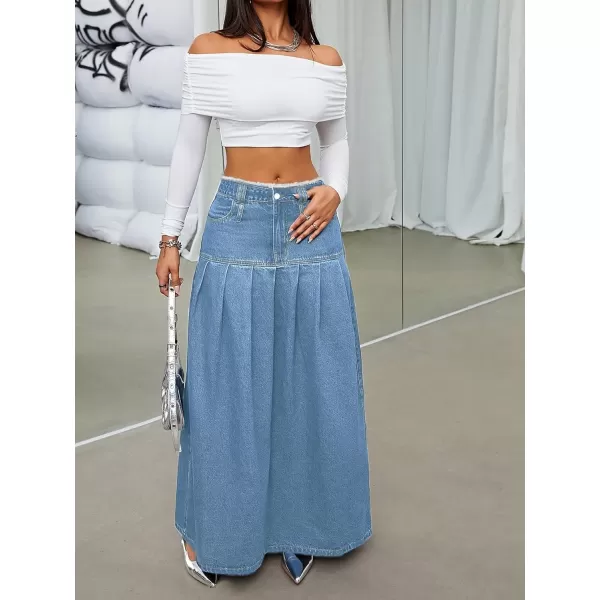 imagechouyatou Womens Summer Casual Flared High Waist Long Jean Skirt Pleated ALine Maxi Denim SkirtLight Blue