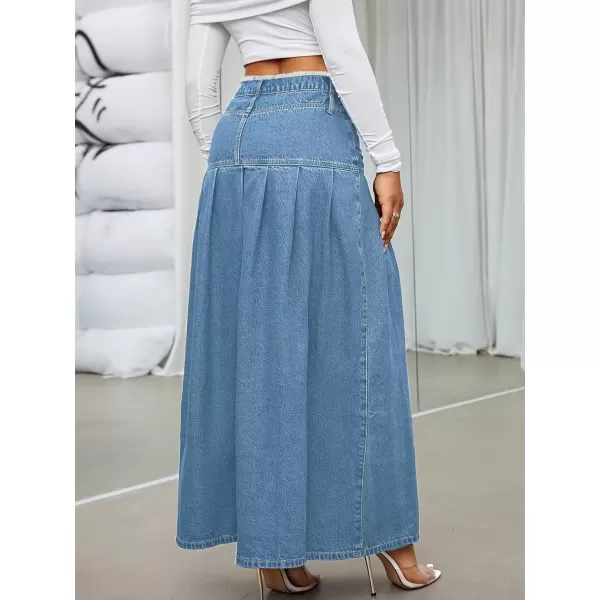 imagechouyatou Womens Summer Casual Flared High Waist Long Jean Skirt Pleated ALine Maxi Denim SkirtLight Blue