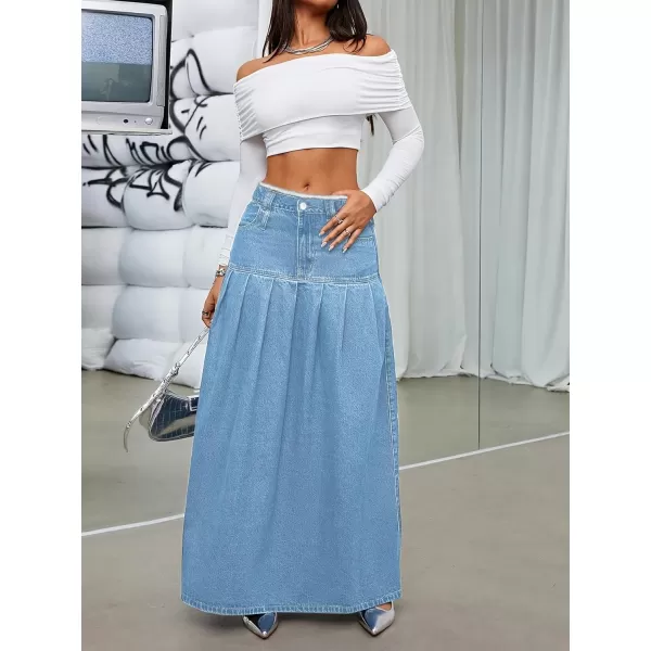 imagechouyatou Womens Summer Casual Flared High Waist Long Jean Skirt Pleated ALine Maxi Denim SkirtLight Blue