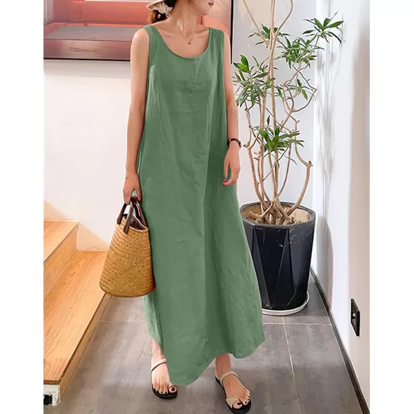 imagechouyatou Womens Summer Casual Sleeveless Cotton Sun Dress Maxi Tunic Tank Beach Dress with PocketGreen