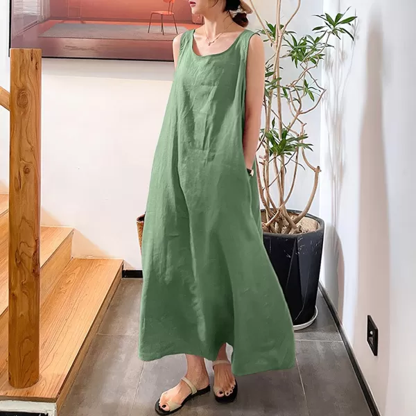 imagechouyatou Womens Summer Casual Sleeveless Cotton Sun Dress Maxi Tunic Tank Beach Dress with PocketGreen
