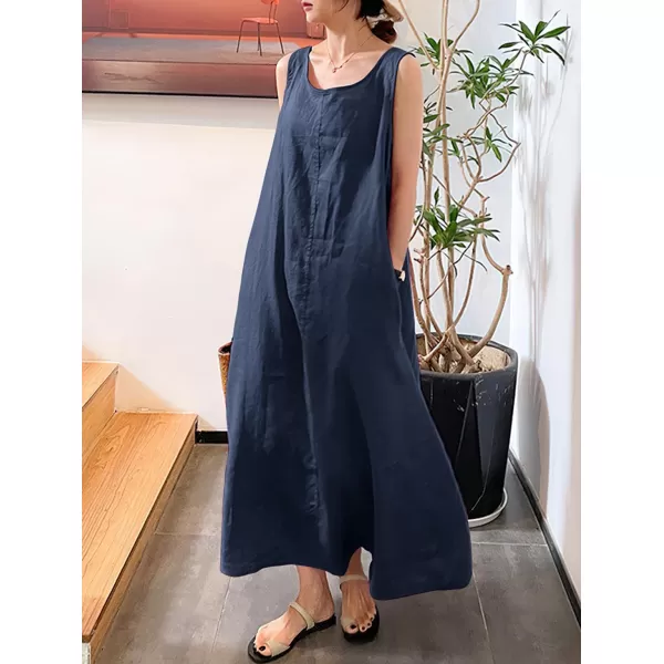 imagechouyatou Womens Summer Casual Sleeveless Cotton Sun Dress Maxi Tunic Tank Beach Dress with PocketNavy Blue