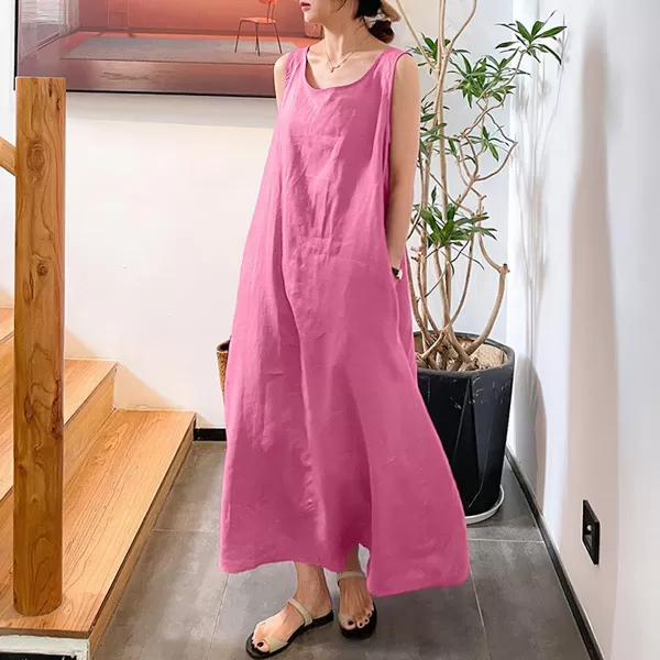 imagechouyatou Womens Summer Casual Sleeveless Cotton Sun Dress Maxi Tunic Tank Beach Dress with PocketPink