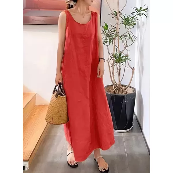 imagechouyatou Womens Summer Casual Sleeveless Cotton Sun Dress Maxi Tunic Tank Beach Dress with PocketRed