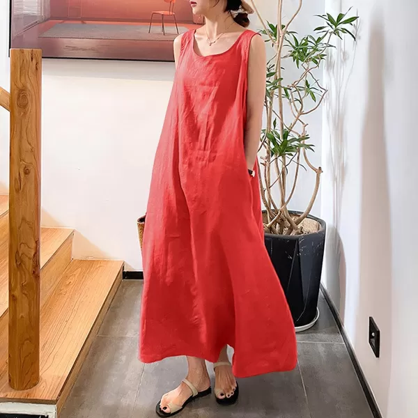 imagechouyatou Womens Summer Casual Sleeveless Cotton Sun Dress Maxi Tunic Tank Beach Dress with PocketRed