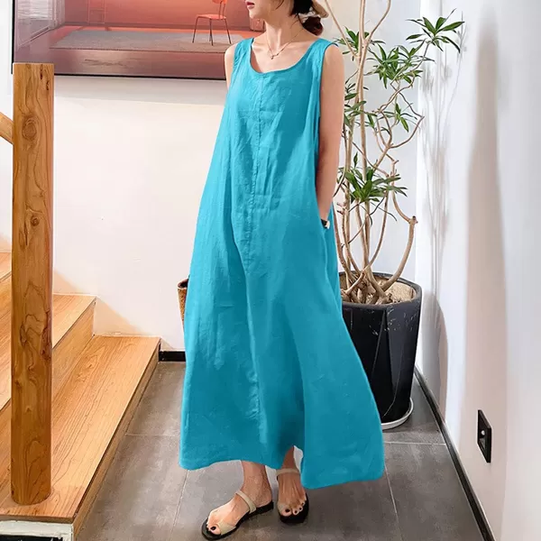 imagechouyatou Womens Summer Casual Sleeveless Cotton Sun Dress Maxi Tunic Tank Beach Dress with PocketTurquoise Blue