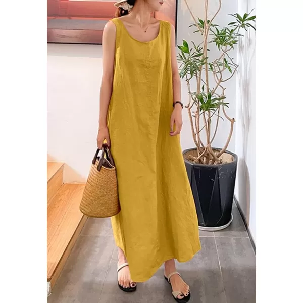 imagechouyatou Womens Summer Casual Sleeveless Cotton Sun Dress Maxi Tunic Tank Beach Dress with PocketYellow