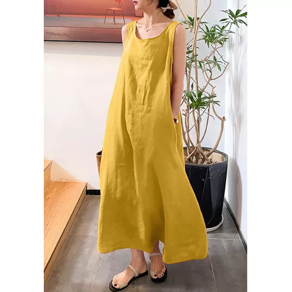 imagechouyatou Womens Summer Casual Sleeveless Cotton Sun Dress Maxi Tunic Tank Beach Dress with PocketYellow