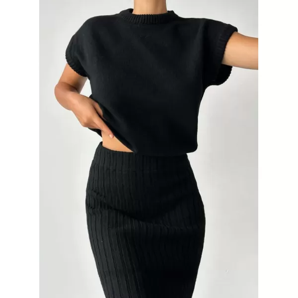 imagechouyatou Womens Two Piece Knit Sets Sleeveless Sweater Bodycon Skirt 2 Piece Outfits LoungewearBlack