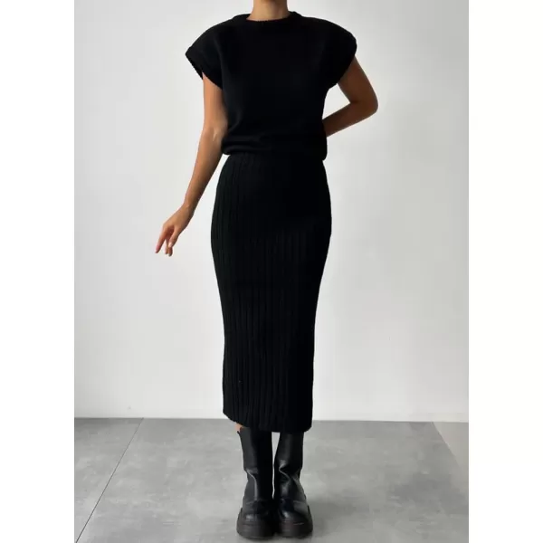 imagechouyatou Womens Two Piece Knit Sets Sleeveless Sweater Bodycon Skirt 2 Piece Outfits LoungewearBlack