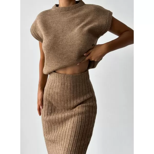 imagechouyatou Womens Two Piece Knit Sets Sleeveless Sweater Bodycon Skirt 2 Piece Outfits LoungewearBrown