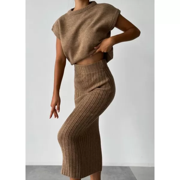 imagechouyatou Womens Two Piece Knit Sets Sleeveless Sweater Bodycon Skirt 2 Piece Outfits LoungewearBrown