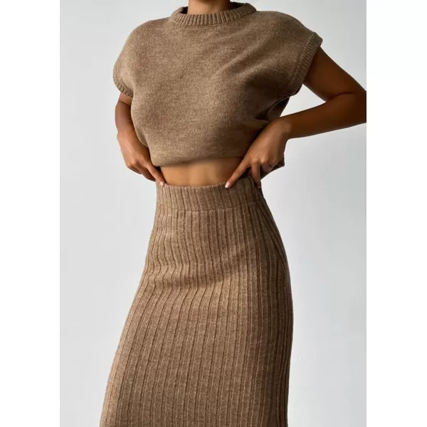 imagechouyatou Womens Two Piece Knit Sets Sleeveless Sweater Bodycon Skirt 2 Piece Outfits LoungewearBrown