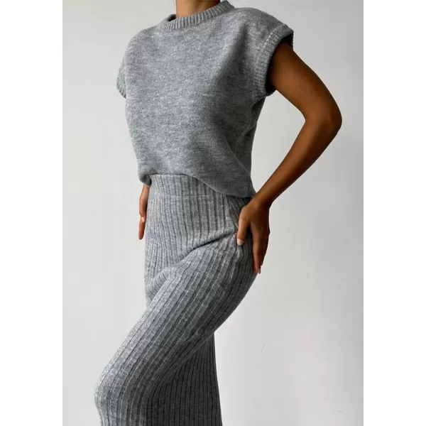 imagechouyatou Womens Two Piece Knit Sets Sleeveless Sweater Bodycon Skirt 2 Piece Outfits LoungewearGrey