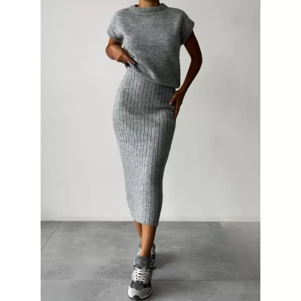 imagechouyatou Womens Two Piece Knit Sets Sleeveless Sweater Bodycon Skirt 2 Piece Outfits LoungewearGrey