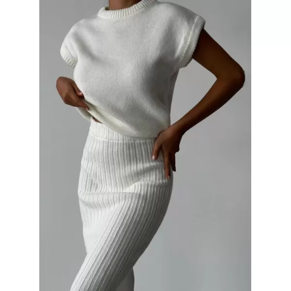 imagechouyatou Womens Two Piece Knit Sets Sleeveless Sweater Bodycon Skirt 2 Piece Outfits LoungewearWhite