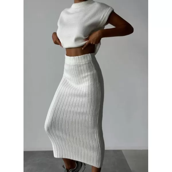 imagechouyatou Womens Two Piece Knit Sets Sleeveless Sweater Bodycon Skirt 2 Piece Outfits LoungewearWhite