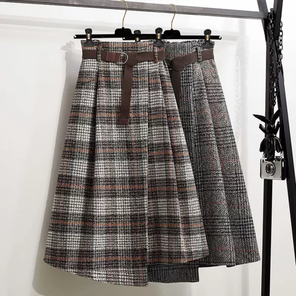 imagechouyatou Womens Vintage Plaid Wool Blend Midi Skirt Houndstooth A Line Wool Long Skirt with BeltGray