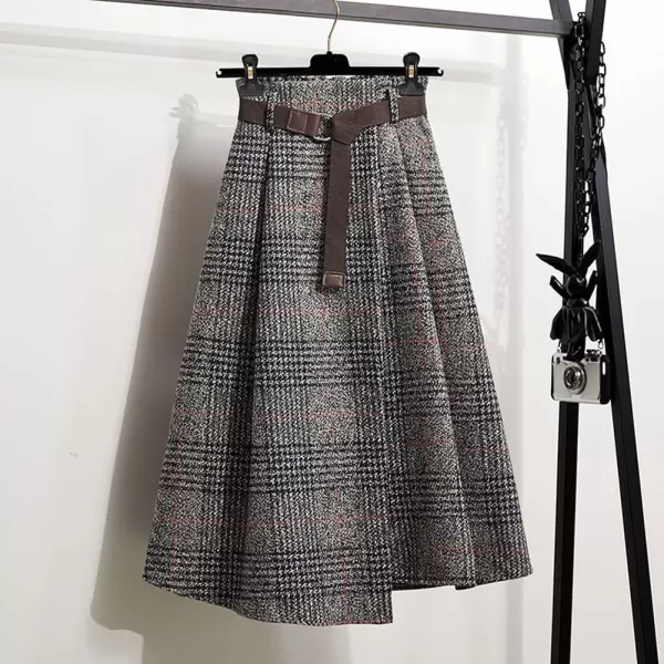 imagechouyatou Womens Vintage Plaid Wool Blend Midi Skirt Houndstooth A Line Wool Long Skirt with BeltGray