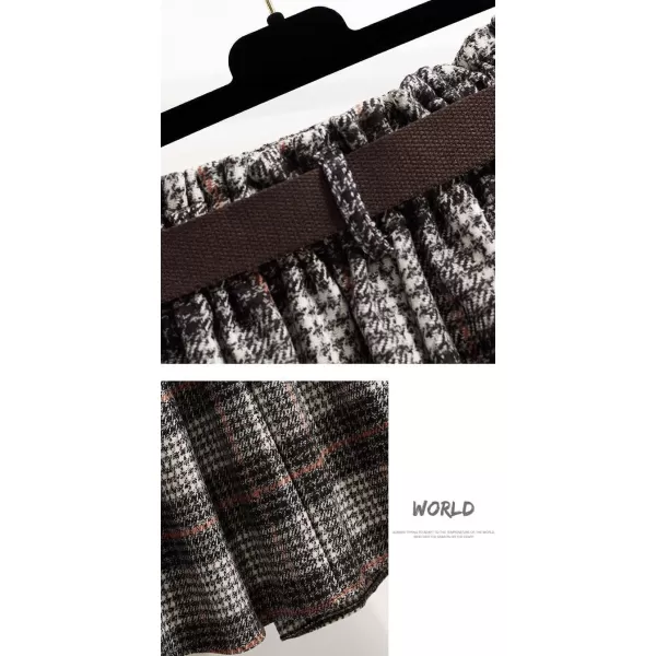 imagechouyatou Womens Vintage Plaid Wool Blend Midi Skirt Houndstooth A Line Wool Long Skirt with BeltKhaki