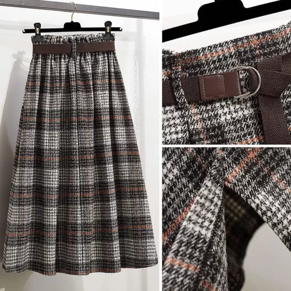 imagechouyatou Womens Vintage Plaid Wool Blend Midi Skirt Houndstooth A Line Wool Long Skirt with BeltKhaki