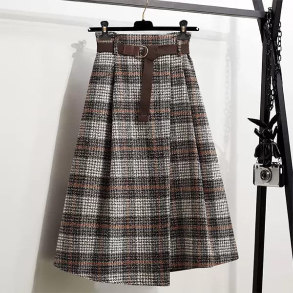 imagechouyatou Womens Vintage Plaid Wool Blend Midi Skirt Houndstooth A Line Wool Long Skirt with BeltKhaki