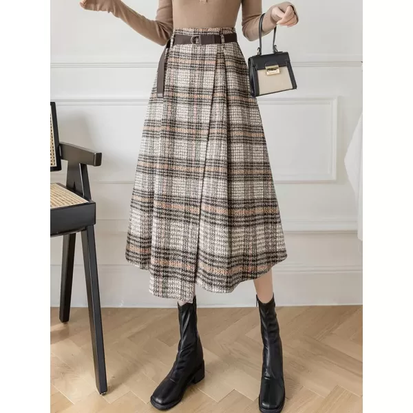 imagechouyatou Womens Vintage Plaid Wool Blend Midi Skirt Houndstooth A Line Wool Long Skirt with BeltKhaki