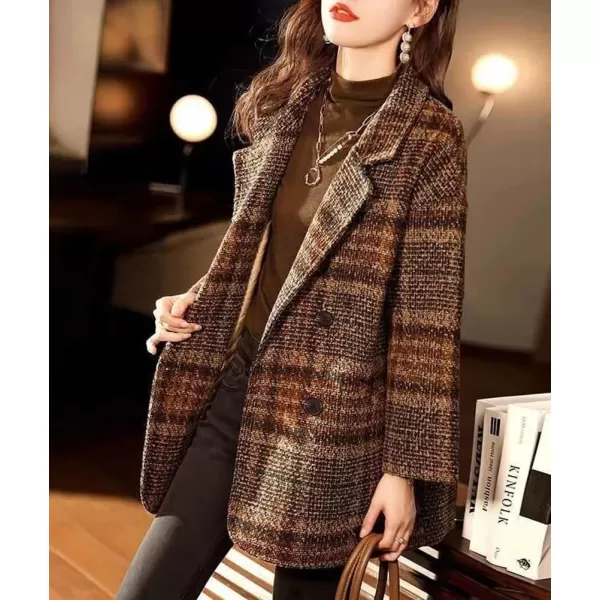 imagechouyatou Womens Winter Plaid Wool Blazer Lapel Collar Double Breasted Plaid Wool Pea Coat OvercoatCoffee