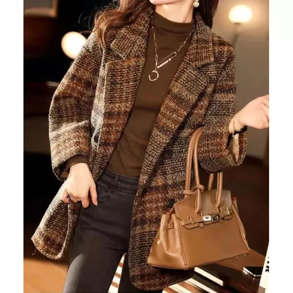 imagechouyatou Womens Winter Plaid Wool Blazer Lapel Collar Double Breasted Plaid Wool Pea Coat OvercoatCoffee