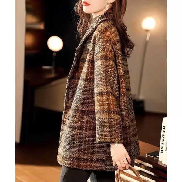 imagechouyatou Womens Winter Plaid Wool Blazer Lapel Collar Double Breasted Plaid Wool Pea Coat OvercoatCoffee